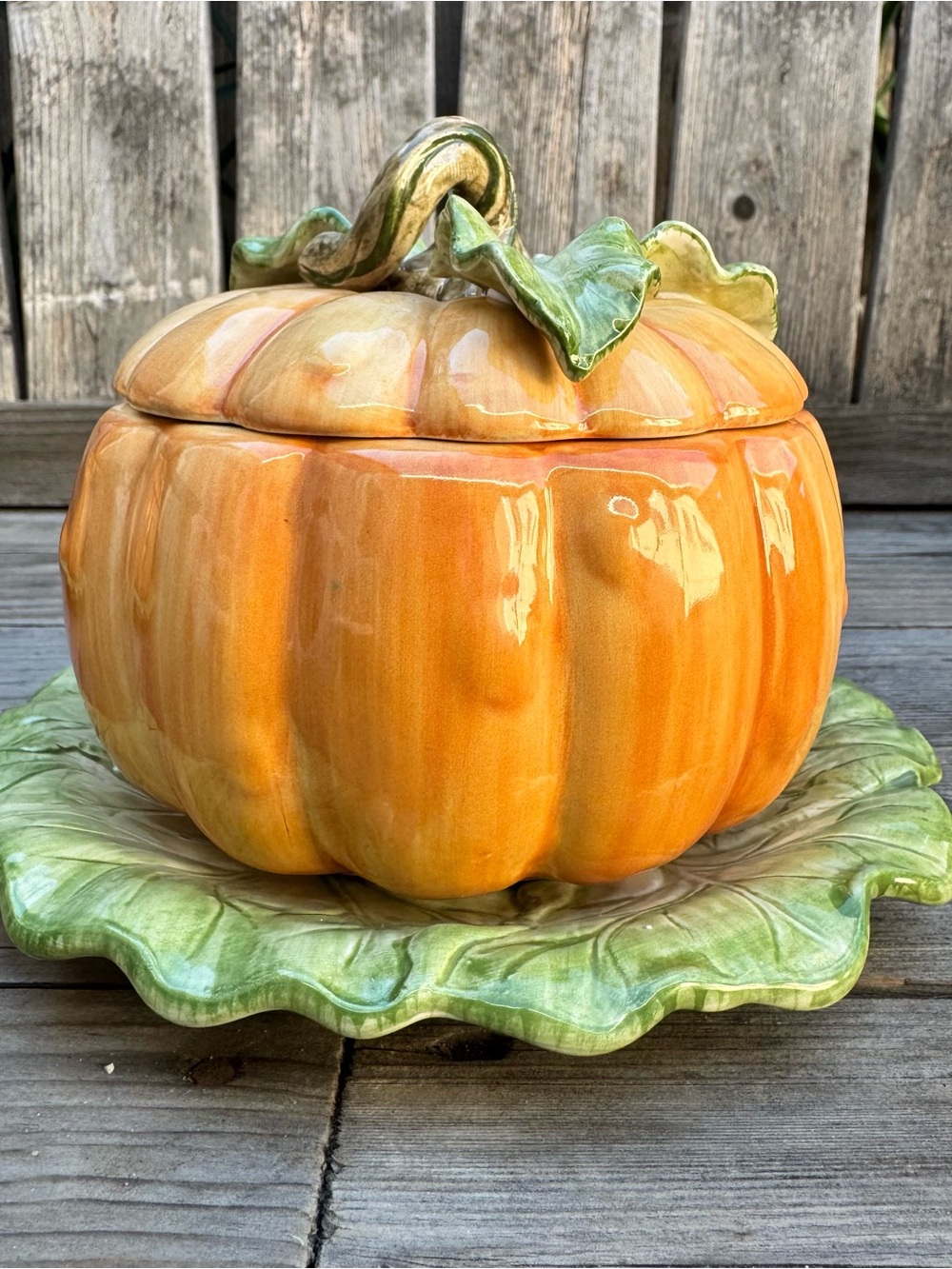 Fitz and Floyd Pumpkin Lidded Soup Bowl with Lettuce/Cabbage Underplate Saucer
